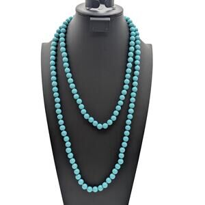 VTG Crown Trifari 10mm Turquoise Color Acrylic & Silver Tone Beaded 60" Necklace